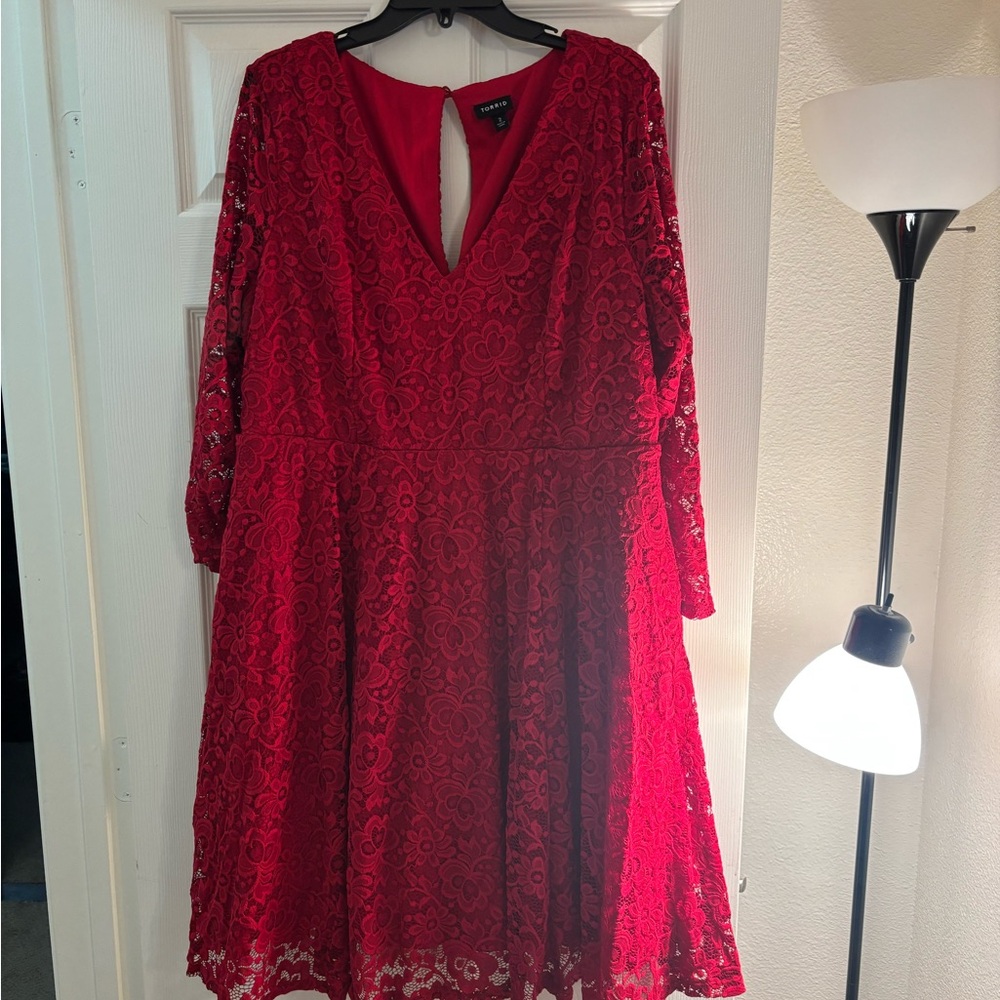 Torrid Vibrant Red Lace Long Sleeve Dress